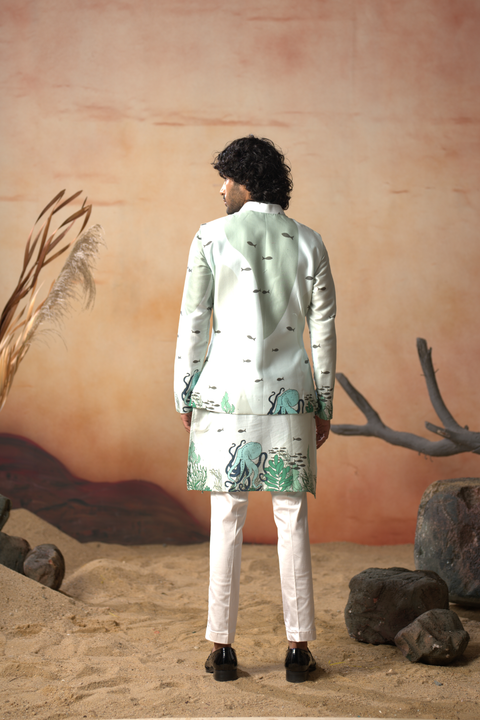 Triton — Sea Green Nature Printed Cotton Satin Nehru Jacket Set