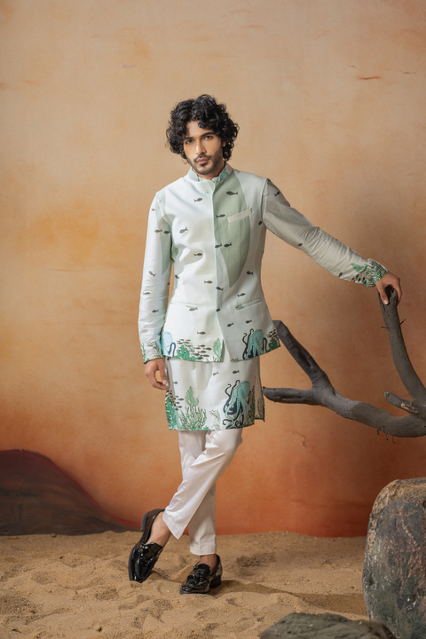 Triton — Sea Green Nature Printed Cotton Satin Nehru Jacket Set