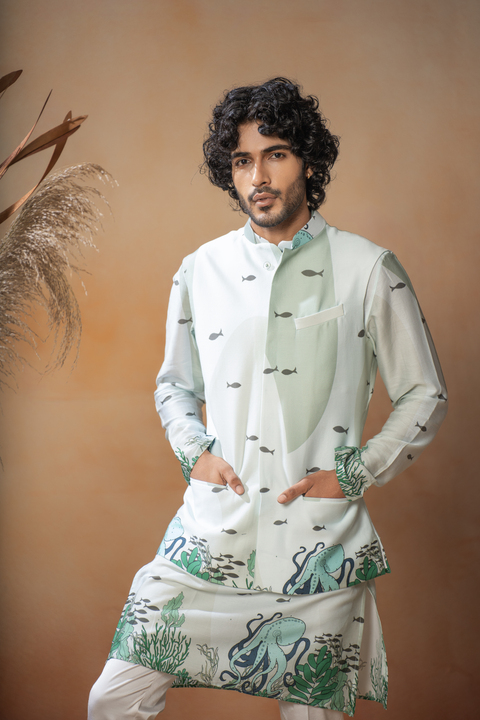 Triton — Sea Green Nature Printed Cotton Satin Nehru Jacket Set