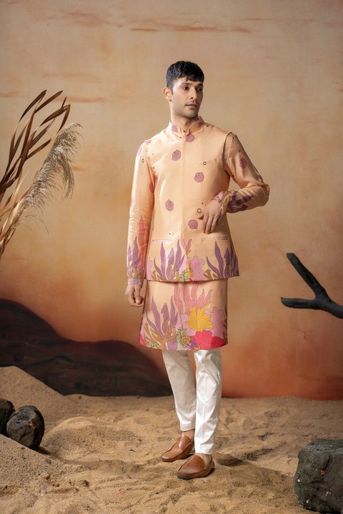 Coralflow — Peachy Coral Ocean Printed Russian Silk Nehru Jacket Set