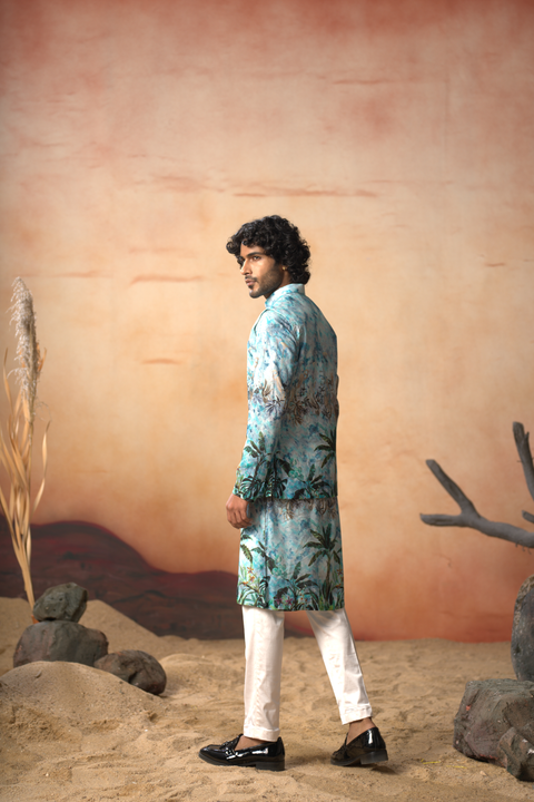 Nirvana — Aqua Blue Nature Printed Russian Silk Nehru Jacket Set