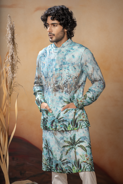 Nirvana — Aqua Blue Nature Printed Russian Silk Nehru Jacket Set
