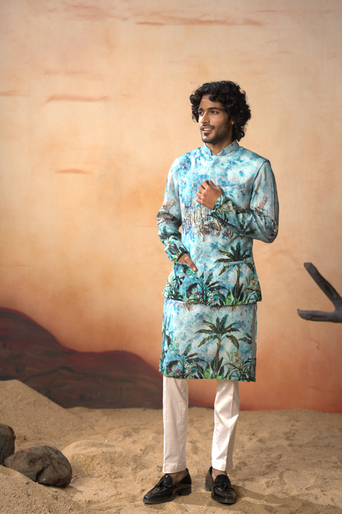 Nirvana — Aqua Blue Nature Printed Russian Silk Nehru Jacket Set