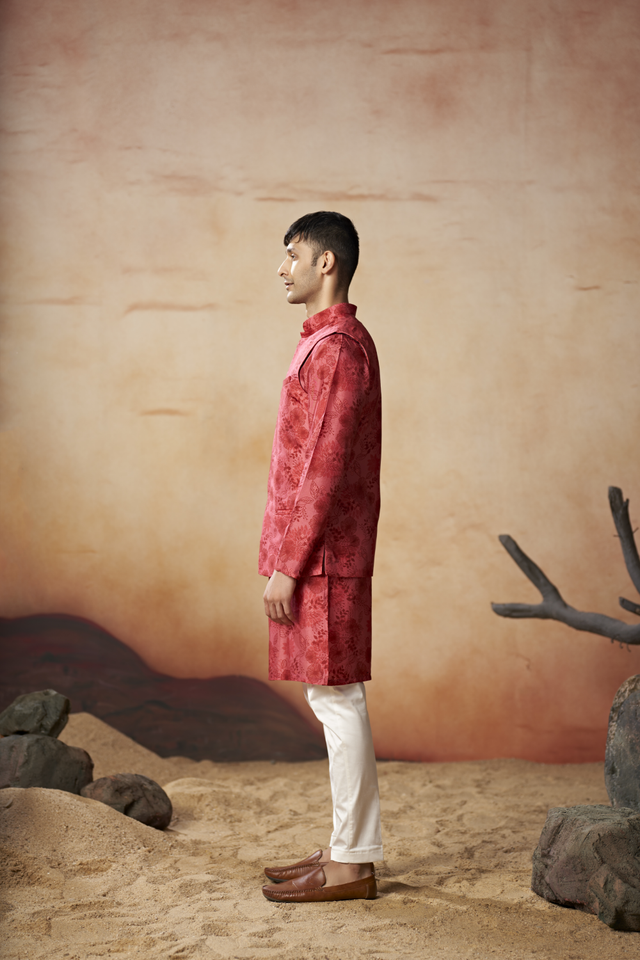 Verdant — Red Nature Printed Russian Silk Nehru Jacket Set
