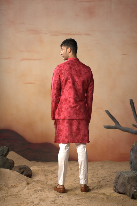 Verdant — Red Nature Printed Russian Silk Nehru Jacket Set
