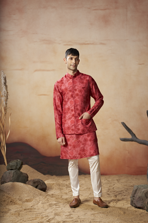 Verdant — Red Nature Printed Russian Silk Nehru Jacket Set