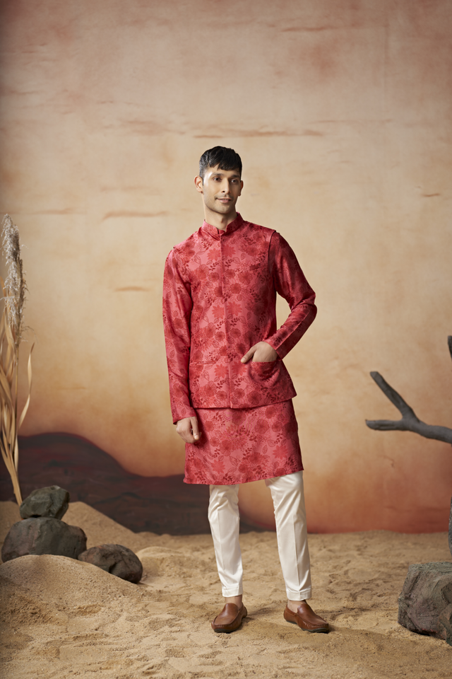 Verdant — Red Nature Printed Russian Silk Nehru Jacket Set