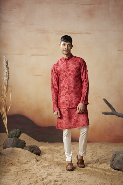 Verdant — Red Nature Printed Russian Silk Nehru Jacket Set