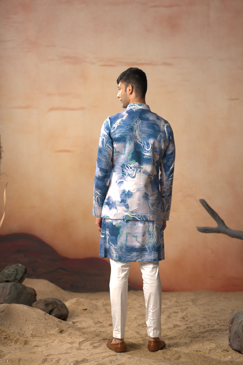 Carrara — Blue Nature Printed Russian Silk Nehru Jacket Set