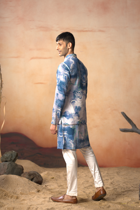 Carrara — Blue Nature Printed Russian Silk Nehru Jacket Set