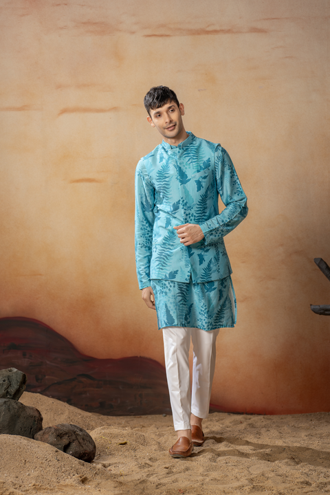 Folium — Blue Nature Printed Cotton Satin Nehru Jacket Set