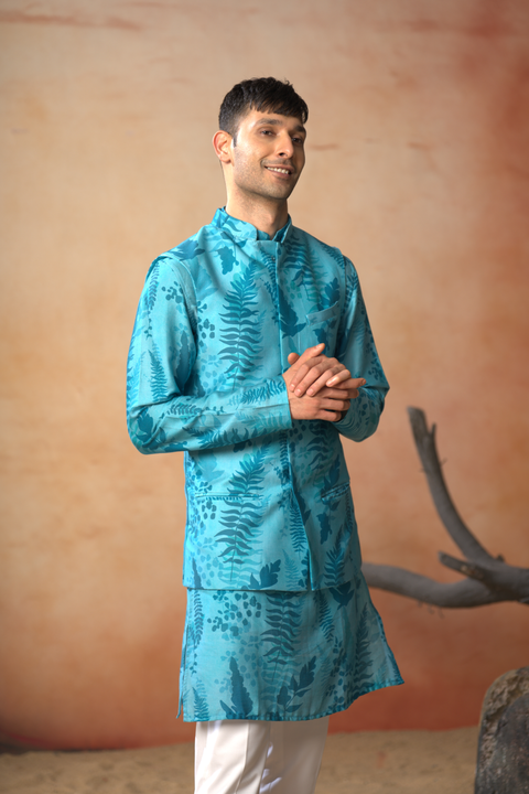 Folium — Blue Nature Printed Cotton Satin Nehru Jacket Set