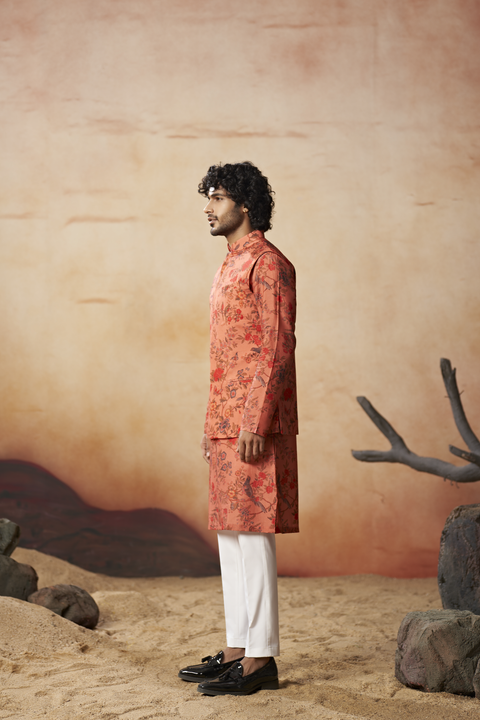Coraflora — Coral Red Nature Printed Russian Silk Nehru Jacket Set