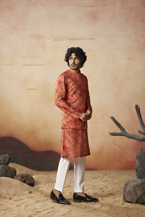Coraflora — Coral Red Nature Printed Russian Silk Nehru Jacket Set