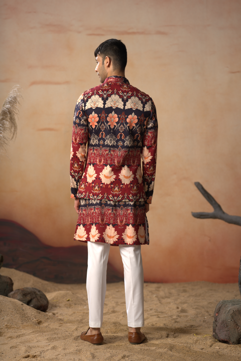 Opulent — Navy Blue Hand Embroidered Cotton Satin Nehru Jacket Set