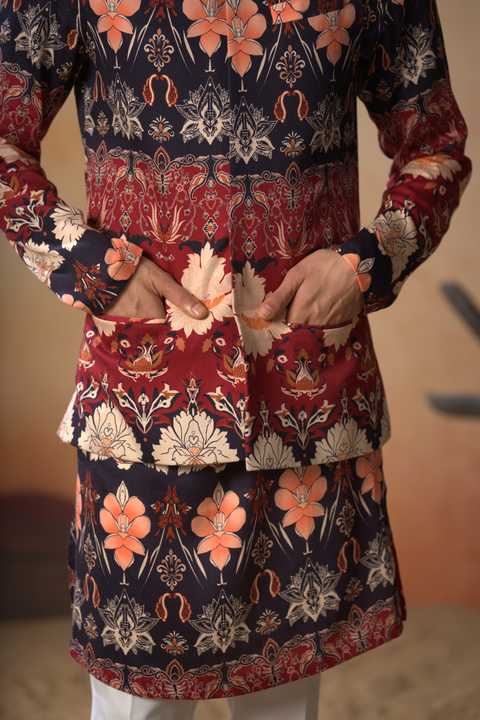 Opulent — Navy Blue Hand Embroidered Cotton Satin Nehru Jacket Set