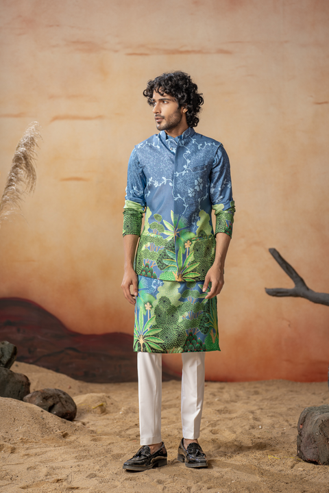 Verdora — Blue Nature Printed Russian Silk Nehru Jacket Set
