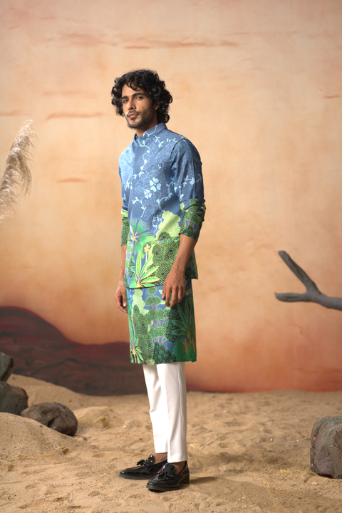 Verdora — Blue Nature Printed Russian Silk Nehru Jacket Set