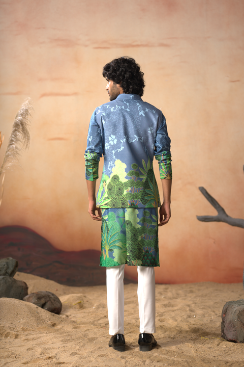 Verdora — Blue Nature Printed Russian Silk Nehru Jacket Set