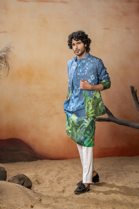 Verdora — Blue Nature Printed Russian Silk Nehru Jacket Set