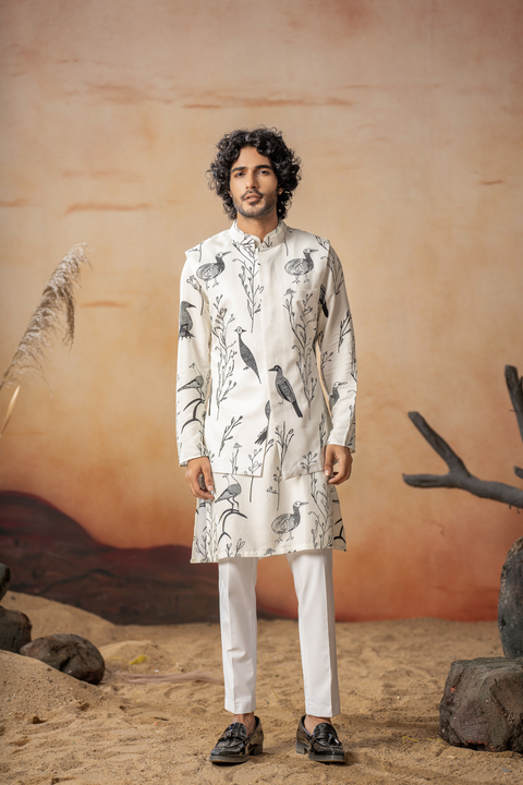 Avian — White Nature Printed Cotton Satin Nehru Jacket Set
