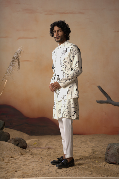 Avian — White Nature Printed Cotton Satin Nehru Jacket Set