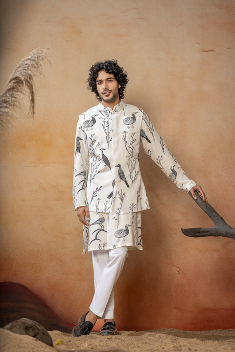 Avian — White Nature Printed Cotton Satin Nehru Jacket Set