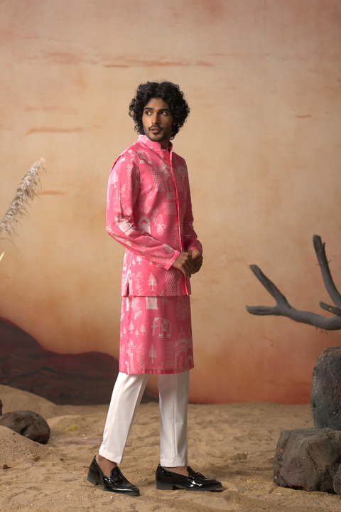 Rajasi — Coral Pink Nature Printed Russian Silk Nehru Jacket Set