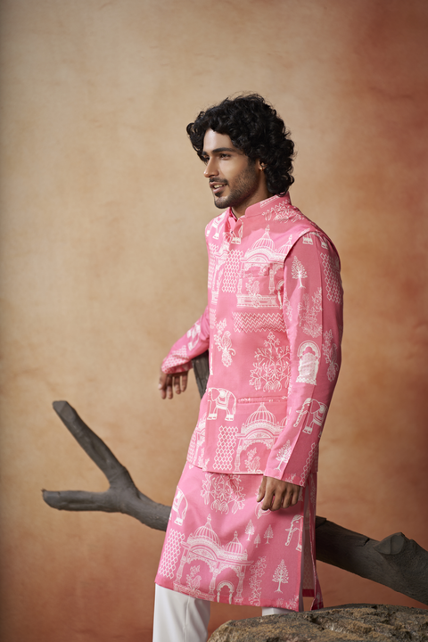 Rajasi — Coral Pink Nature Printed Russian Silk Nehru Jacket Set