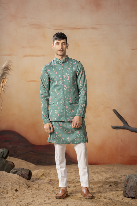 Coraline — Green Nature Printed Cotton Satin Nehru Jacket Set