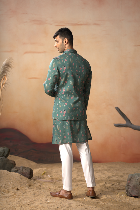 Coraline — Green Nature Printed Cotton Satin Nehru Jacket Set