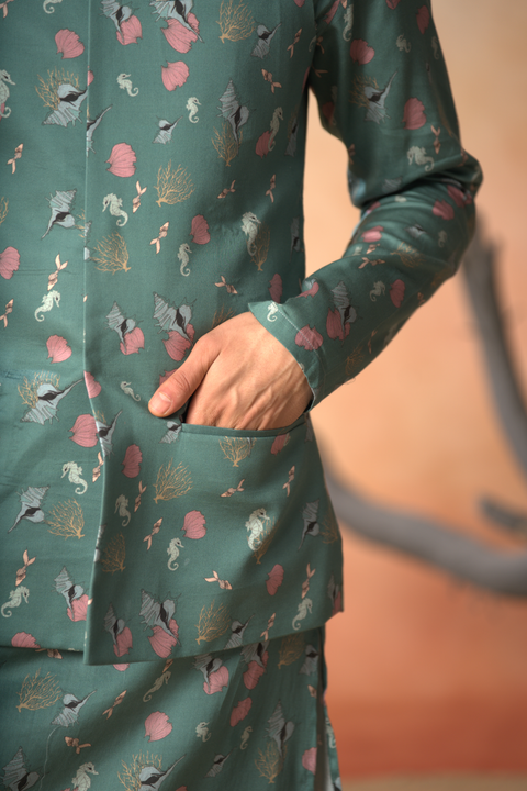 Coraline — Green Nature Printed Cotton Satin Nehru Jacket Set