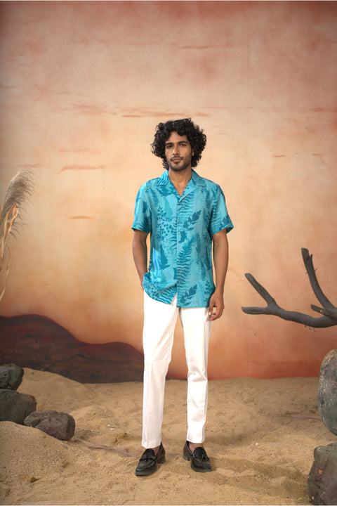 Brizia — Blue Printed Cotton Satin Shirt