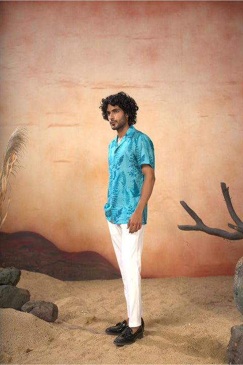 Brizia — Blue Printed Cotton Satin Shirt