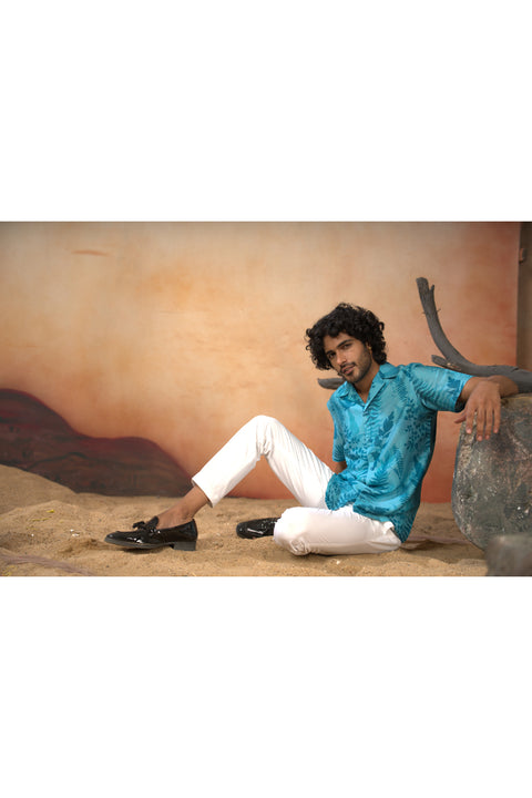 Brizia — Blue Printed Cotton Satin Shirt