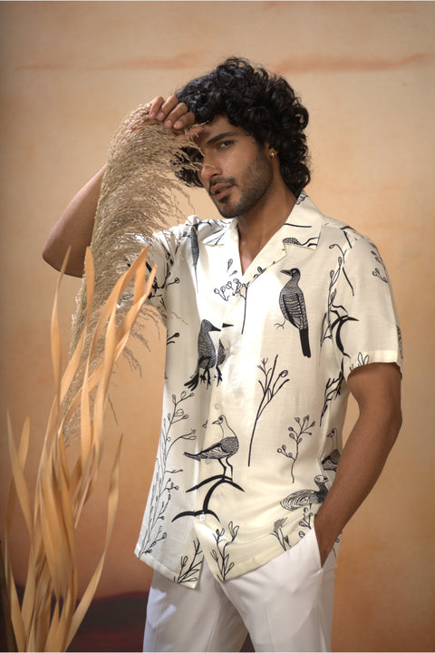 Aviara — White Printed Cotton Satin Shirt