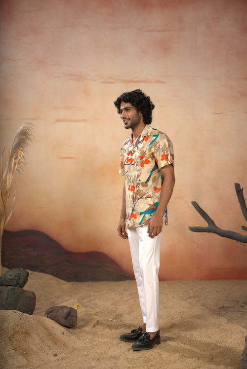Aviance — Beige Printed Cotton Satin Shirt