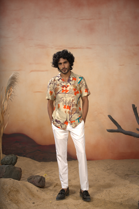 Aviance — Beige Printed Cotton Satin Shirt