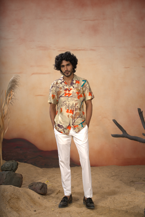 Aviance — Beige Printed Cotton Satin Shirt