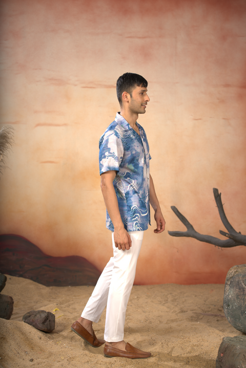 Carrina — Blue Marbled Desert Printed Cotton Satin Shirt