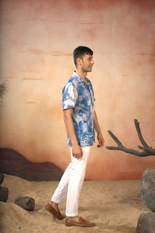 Carrina — Blue Marbled Desert Printed Cotton Satin Shirt