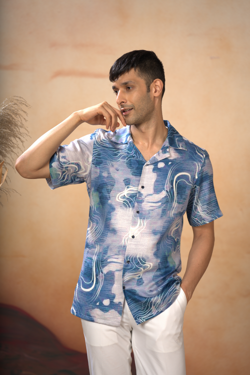 Carrina — Blue Marbled Desert Printed Cotton Satin Shirt