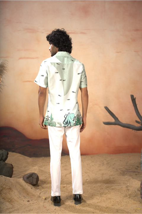 Aquaris — Sea Green Deep-Sea Printed Cotton Satin Shirt