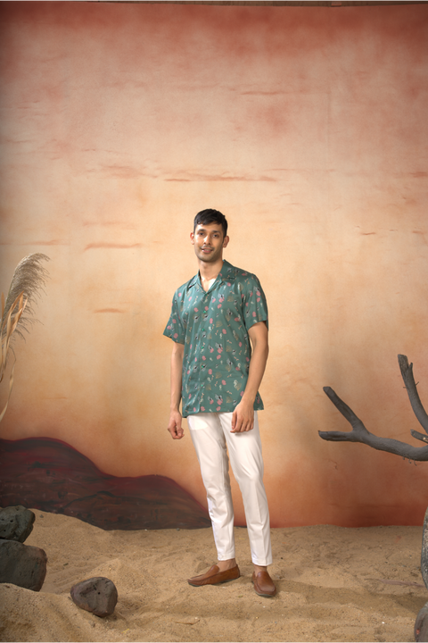 Coraluxe — Green Printed Cotton Satin Shirt