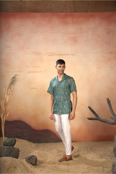 Coraluxe — Green Printed Cotton Satin Shirt