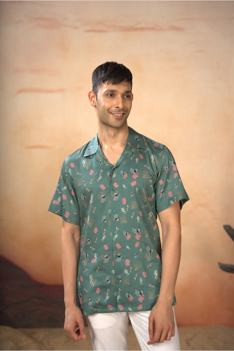 Coraluxe — Green Printed Cotton Satin Shirt