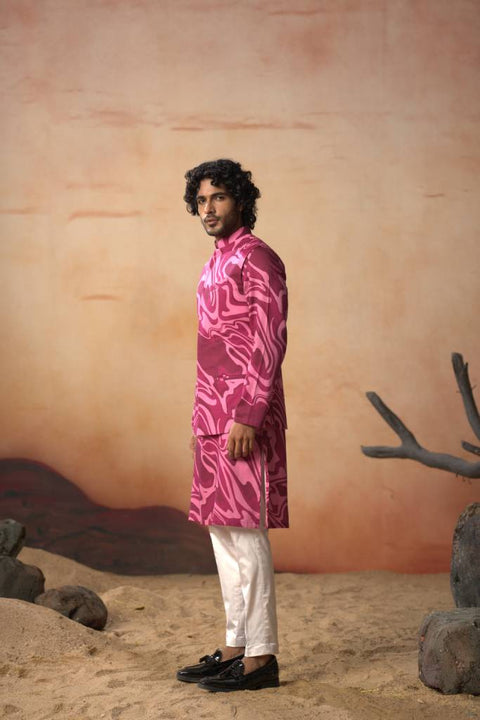 Marvora — Vibrant Pink Nature Printed Cotton Satin Nehru Jacket Set