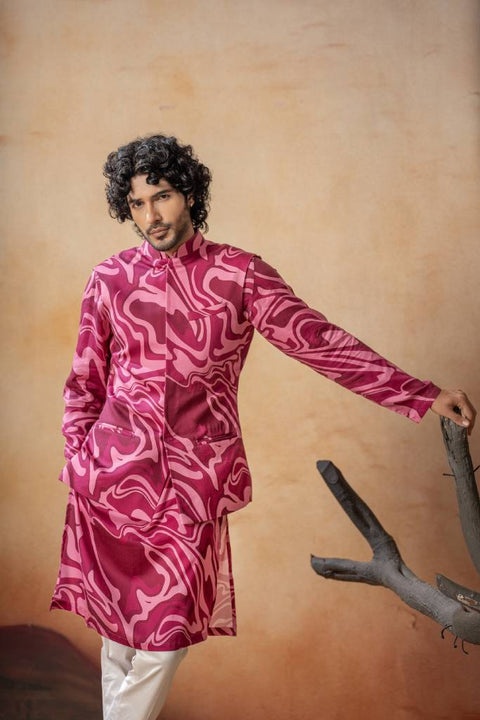 Marvora — Vibrant Pink Nature Printed Cotton Satin Nehru Jacket Set