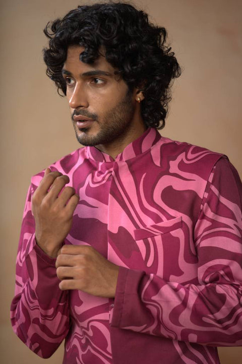 Marvora — Vibrant Pink Nature Printed Cotton Satin Nehru Jacket Set