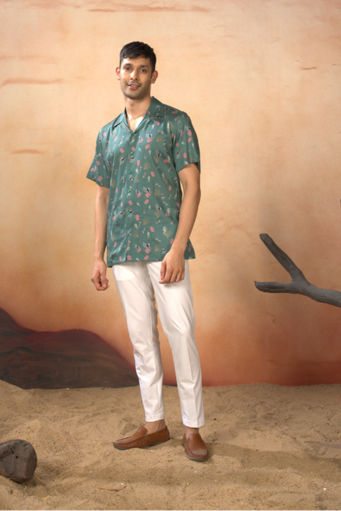 Coraluxe — Green Printed Cotton Satin Shirt